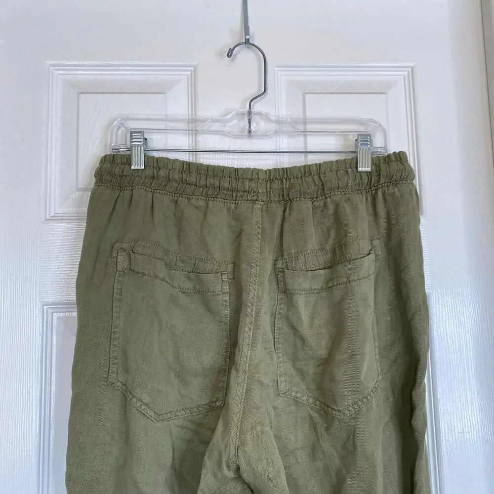 ZARA Khaki Green Linen Blend Pants High Rise Joggers Size Medium Olive Pockets